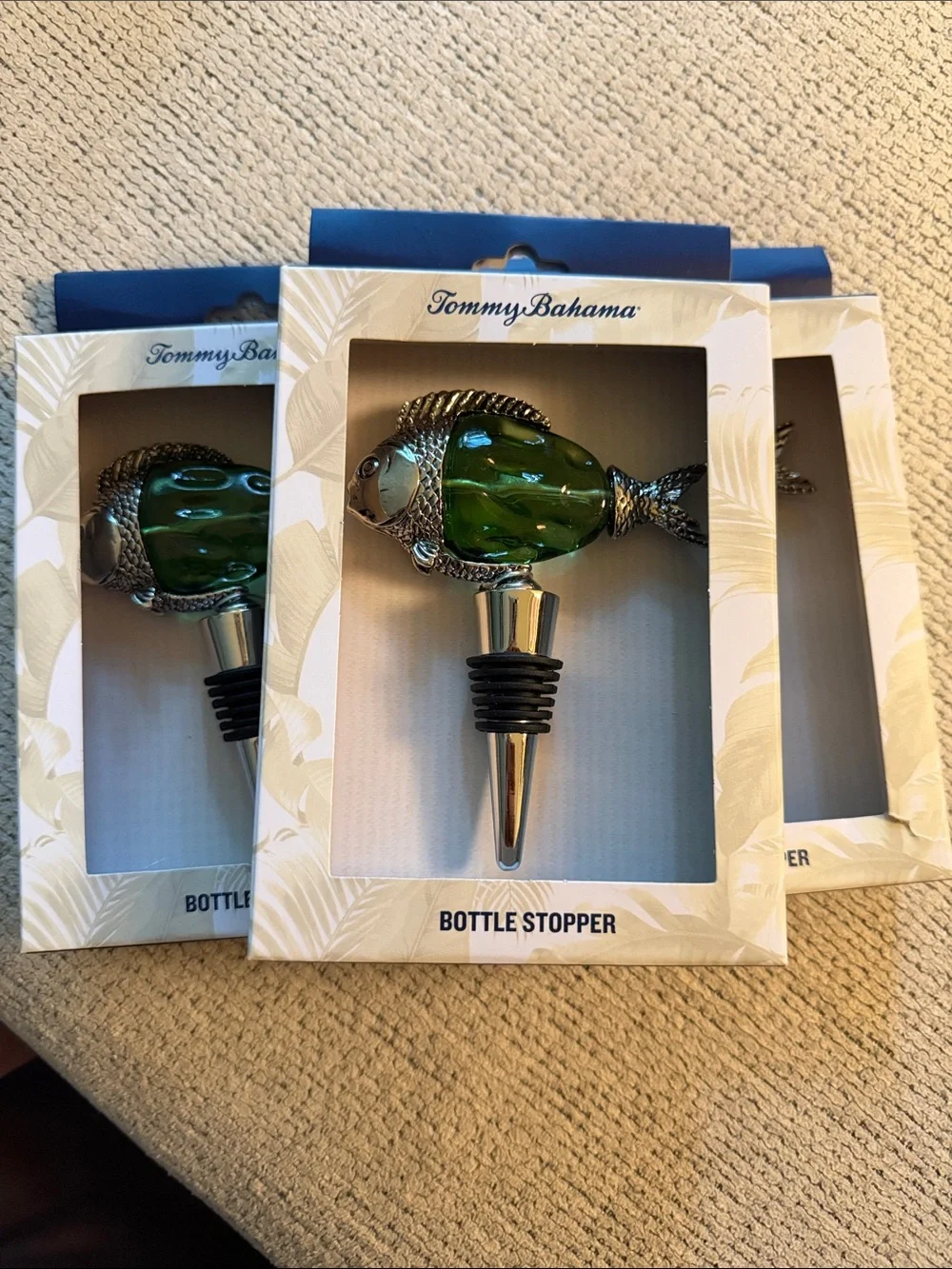 Tommy Bahama Green Fish Wine Stopper with Silver Accents